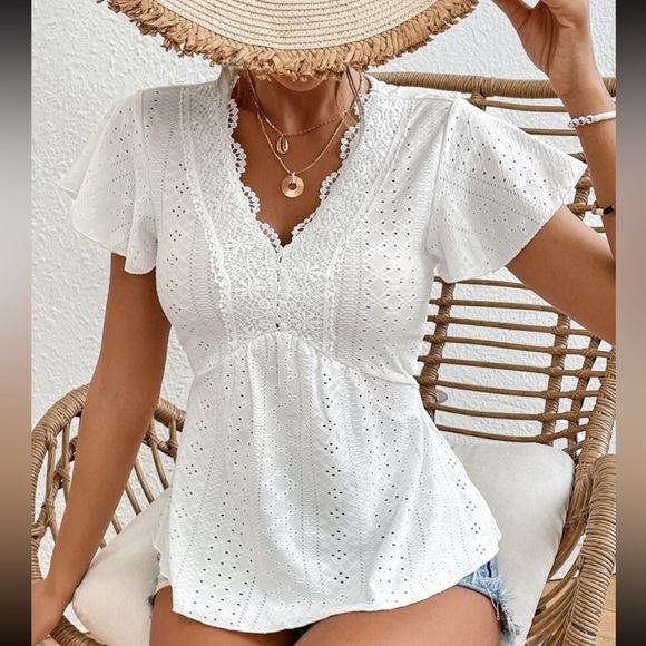 Boho White Eyelet Embroidery Mesh Lace Peplum Top Blouse Shirt - Picture 5 of 7